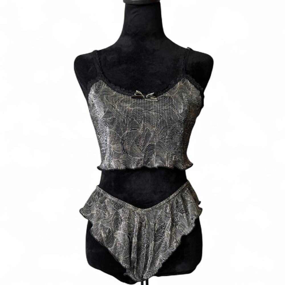 90s Black Gold Lingerie Set – sheer swirl cami & panties L